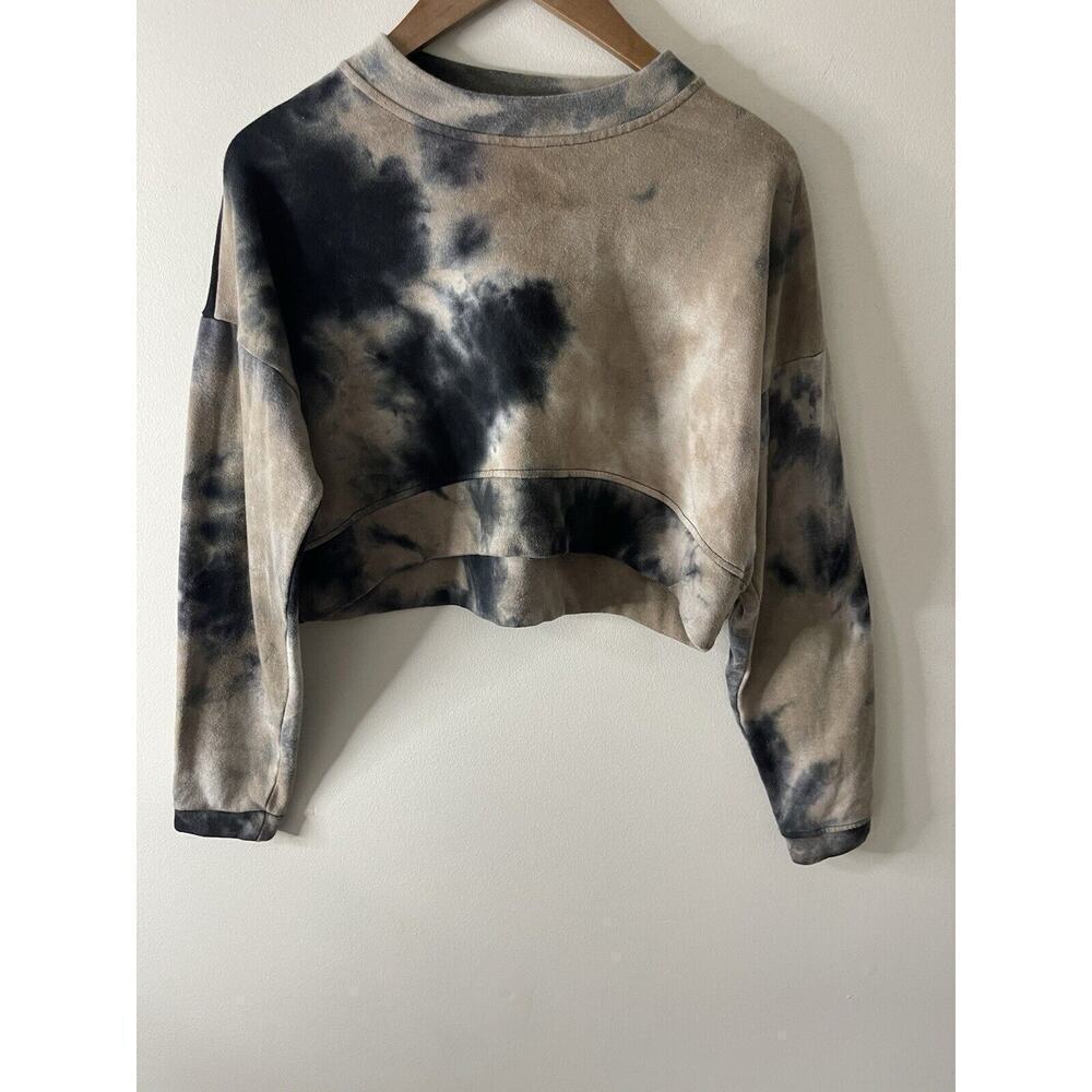 Fashionova Womens Size M Tie Dyed Crop Top Black Tan Cotton Casual Long Sleeve